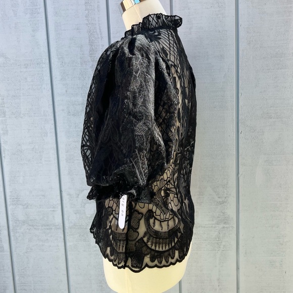 Story On Lace Sheer Balloon Sleeve Blouse Top Short Sleeve Black - Picture 9 of 12